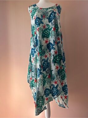 Advance Sea Turtle & Starfish Print Sleeveless Beach Dress w/ pockets S/M